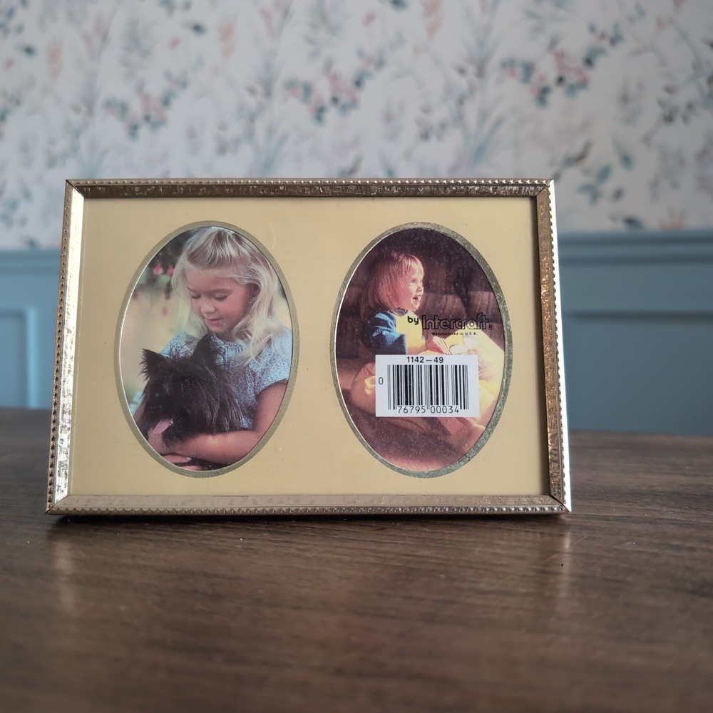 Vintage Intercraft Double Picture Frame Gold Etched Metal Oval 2x3 Tabletop